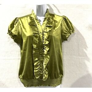 IZ‎ Green Silk Ruffled button down top Medium Goth Retro Fairy Boho Minimalist